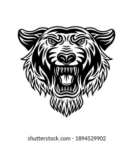 Tiger head front view vector illustration in vintage detailed monochrome style isolated on white background