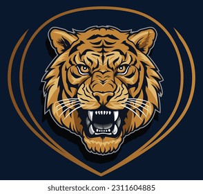 Tiger head. Frontal view. Mascot style with limited color swatches. Separate layer from background. Fully scalable without pixilation. Sports, T-shirts, Stickers 