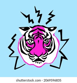 Imagen vectorial divertida de la cabeza del tigre de un animal salvaje para imprimir en camiseta, cubierta, taza, accesorios, recuerdo, pegatina. Logo de color con cara de tigre.