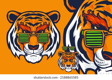 tiger head with glasses mascot vector illustration cartoon style