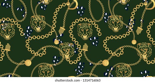 Tiger head and gold chains green pattern fashion wild vector design. Jewelry pendants accessories seamless print with animal skin texture for scarves, fabric and dress.
