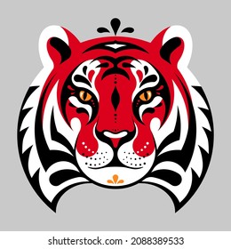 Tiger head. Graphic abstract tiger face. Geometric abstract animal for poster, background, emblem, mascot. Concept of safari, jungle, zoo. Symbol of the Chinese horoscope. Calm muzzle, red color.
