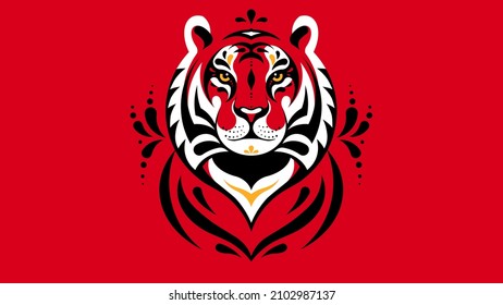 Tiger head. Graphic abstract tiger face. Geometric abstract animal for poster, background, emblem, mascot. Concept of safari, jungle, zoo. Symbol of the Chinese horoscope. Calm muzzle, red color.