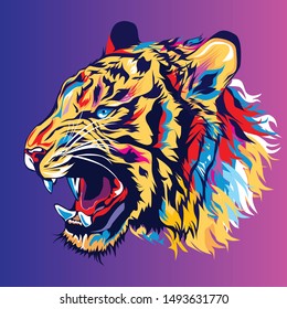 Tiger head hand drawn sketch colorful on blue and red background. vector eps 10.