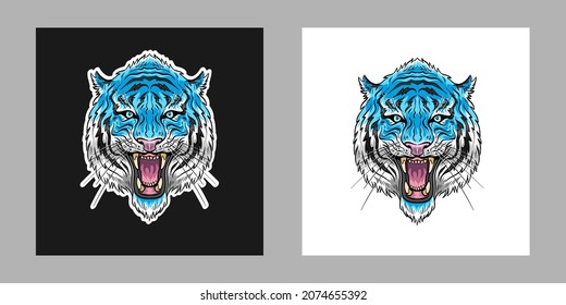 Tiger head hand drawn sketch. Sticker design template. T-shirt print project. Artwork vector illustration for fashion industry. 