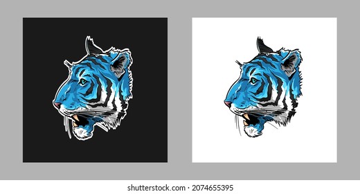 Tiger head hand drawn sketch. Sticker design template. T-shirt print project. Artwork vector illustration for fashion industry. 