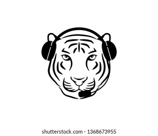 tiger head with headphone on his ears and mic in his mouth as a customer services operator