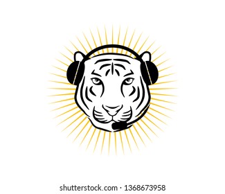 
tiger head with headphone on his ears and mic in his mouth sun rays behind him as a customer services operator