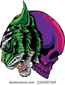 tiger head with human skull on white background
