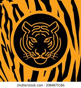 Icono de cabeza de tigre y tatuaje negro con fondo de patrón tigre, ilustración vectorial y diseño plano.