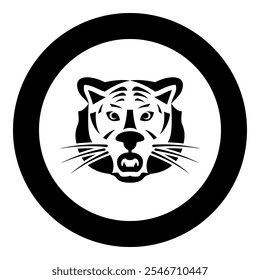 Tiger head icon in circle round black color vector illustration image solid outline style