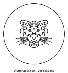 Tiger head icon in circle round black color vector illustration image outline contour line thin style