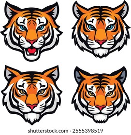 Tiger head icon collection, logo, simple style, vector illustration with white background