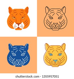 Tiger head icon set in flat and line styles