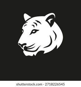 Tiger head icon silhouette side view. White tiger logo isolated on black background. Vector illustration