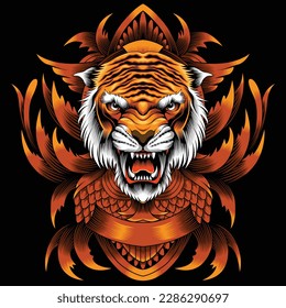 tiger head illustration with baroque ornament