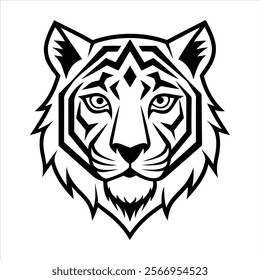 Tiger head illustration, black and white, geometric style, sharp lines, tribal design, symmetrical, fierce expression, angular features, bold contrasts, stylized mane, minimalist, graphic art, vector-