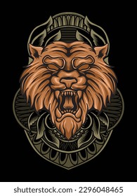 tiger head illustration with engraving ornament