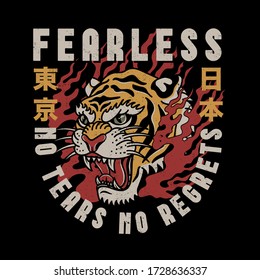 Tiger Head Illustration In Flames With Fearless Slogan And Japan And Tokyo Words With Japanese Letters Vector Artwork For Apparel And Other Uses