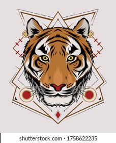 The Tiger head illustration with ornament background. ferocious wild tiger. design for T shirt , mascot, logo team, sport, metal printing, wall art, sticker. Logo Vector tiger