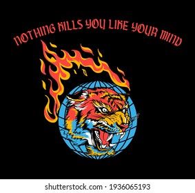 tiger head illustration with slogan, flame and globe print design for fashion and other creative use