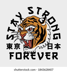 Ilustración de cabeza de tigre con el lema "permanece fuerte" y palabras de Japón y Tokio con letras japonesas de arte vectorial sobre fondo blanco para ropa y otros usos