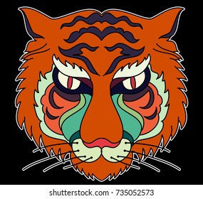 Tiger head illustration for sticker and tattoo design.Traditional Japanese culture for printing and coloring book on background.