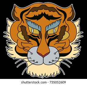 Tiger head illustration for sticker and tattoo design.Traditional Japanese culture for printing and coloring book on background.