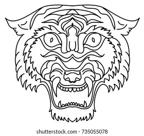 Tiger head illustration for sticker and tattoo design.Traditional Japanese culture for printing and coloring book on background.