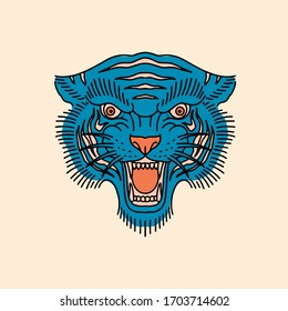 Tiger head illustration in vector. Tattoo style poster.
