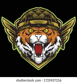 cabeza de tigre con logotipo de diseño de mascota vectorial de casco de infantería