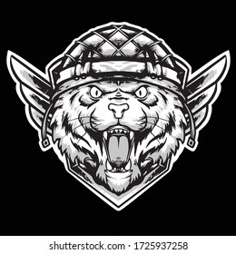 tiger head with infantry helmet vector mascot design logo