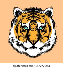 Tiger head isolated on background. Portrait of wild cat for printing on T-shirts, clothes.