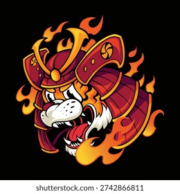 Tiger head with japanese samurai theme