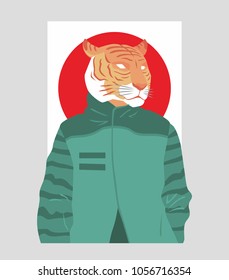 tiger head japanese themed vector illustration, flat design style for t shirt, poster, merchandise and background template