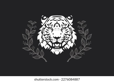 Tiger head with leafy decorations illustration template. Can be used for badges, banners, or pillow merch.