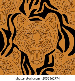 Tiger-Kopflinie Zeichnung minimale Elemente nahtlose Muster. Tiger Mund offene Roaring-Umrisse auf Hautstreifen-Hintergrund. Symbol des chinesischen Neujahrs 2022. Moderne Collage, Vektorgrafik