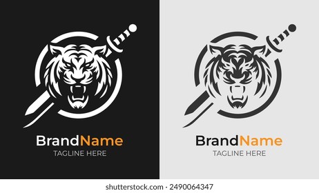 Tiger head logo in aggressive stance. This angry tiger head logo features a fierce expression with a sword subtly placed behind it, symbolizing strength and determination.