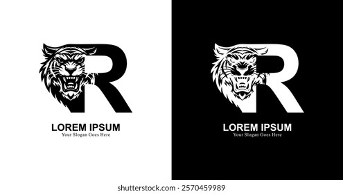 tiger head logo design with front view combined with the letter R