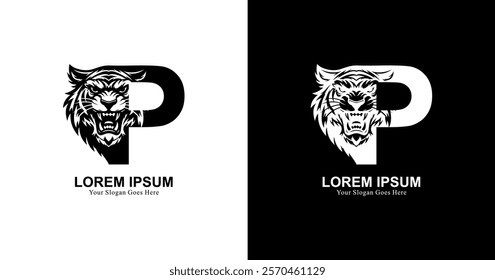 tiger head logo design with front view combined with the letter P