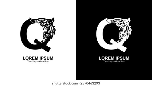 tiger head logo design with front view combined with the letter Q