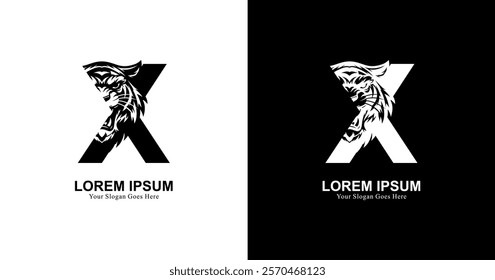 tiger head logo design with front view combined with the letter X