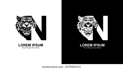 tiger head logo design with front view combined with the letter N