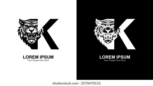 tiger head logo design with front view combined with the letter K