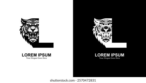 tiger head logo design with front view combined with the letter L