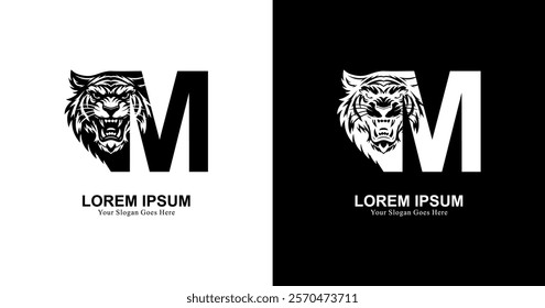 tiger head logo design with front view combined with the letter M