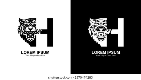 tiger head logo design with front view combined with the letter H