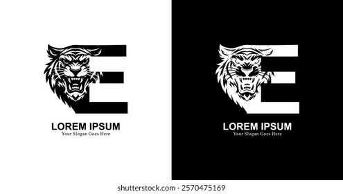 tiger head logo design with front view combined with the letter E