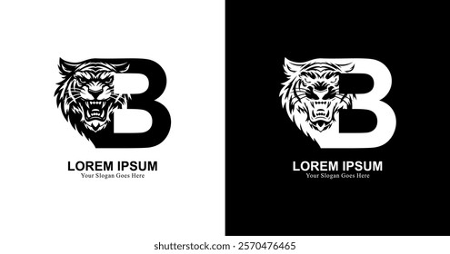 tiger head logo design with front view combined with the letter B