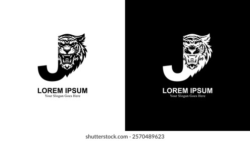 
tiger head logo design with front view combined with the letter J